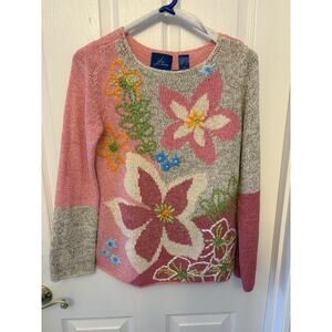 J H Collections Embroidered Sweater Floral Pink Women’s Small Long Sleeve